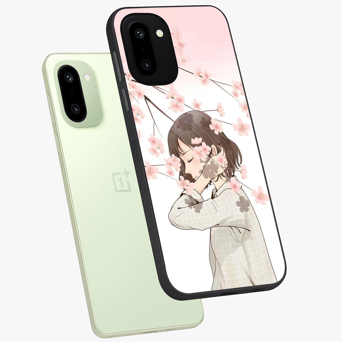 Pink Blossom Girl Glass Case for 1+15R angled mockup showcasing glossy finish and pastel floral detailing