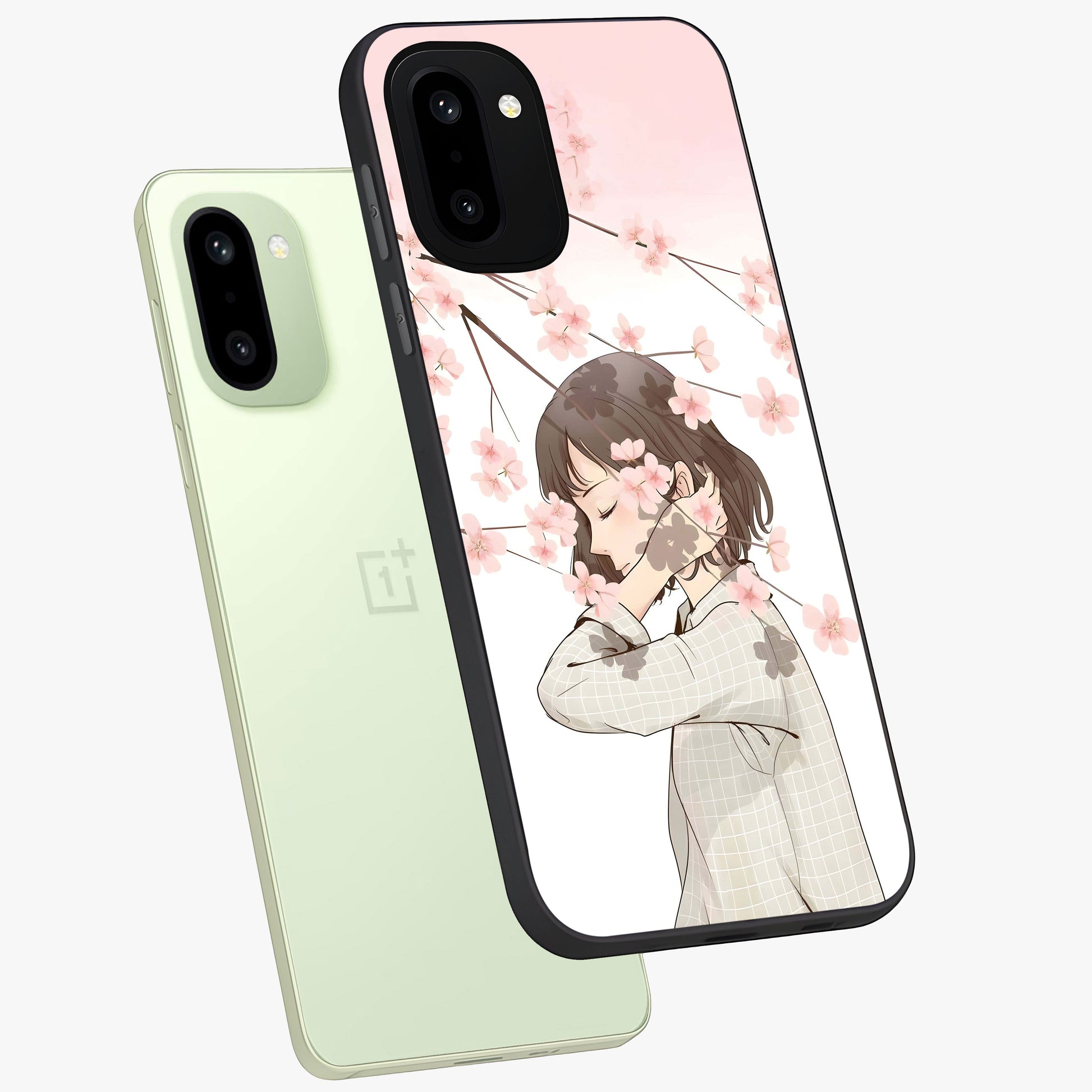 Pink Blossom Girl Glass Case for 1+15R angled mockup showcasing glossy finish and pastel floral detailing
