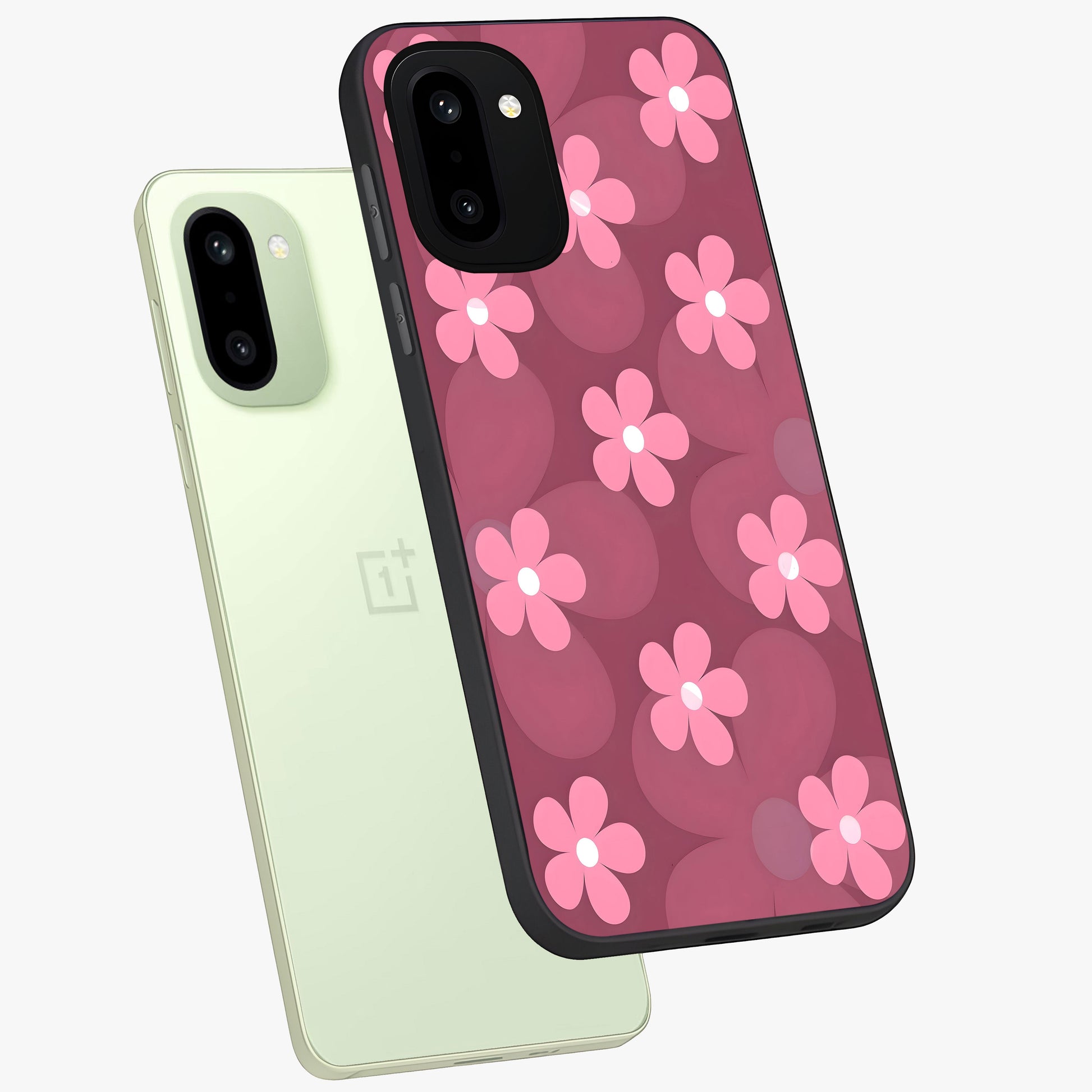 Pink Daisy Flower Pattern Glass Case for 1+15R angled mockup showcasing glossy finish and playful bloom detailing