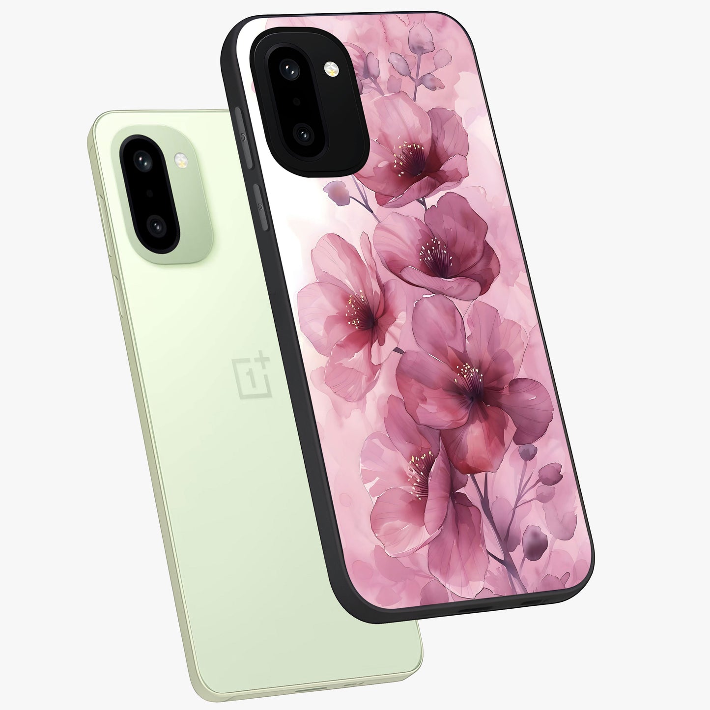 Pink Floral Glass Case for 1+15R angled mockup showcasing glossy finish and delicate bloom detailing