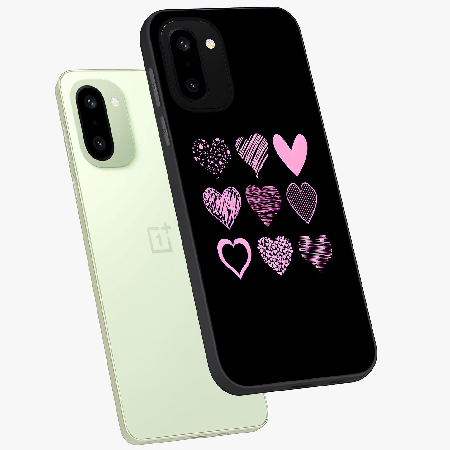 Pink Heart Aesthetic Glass Case for 1+15R angled mockup showcasing glossy finish and pastel romantic detailing