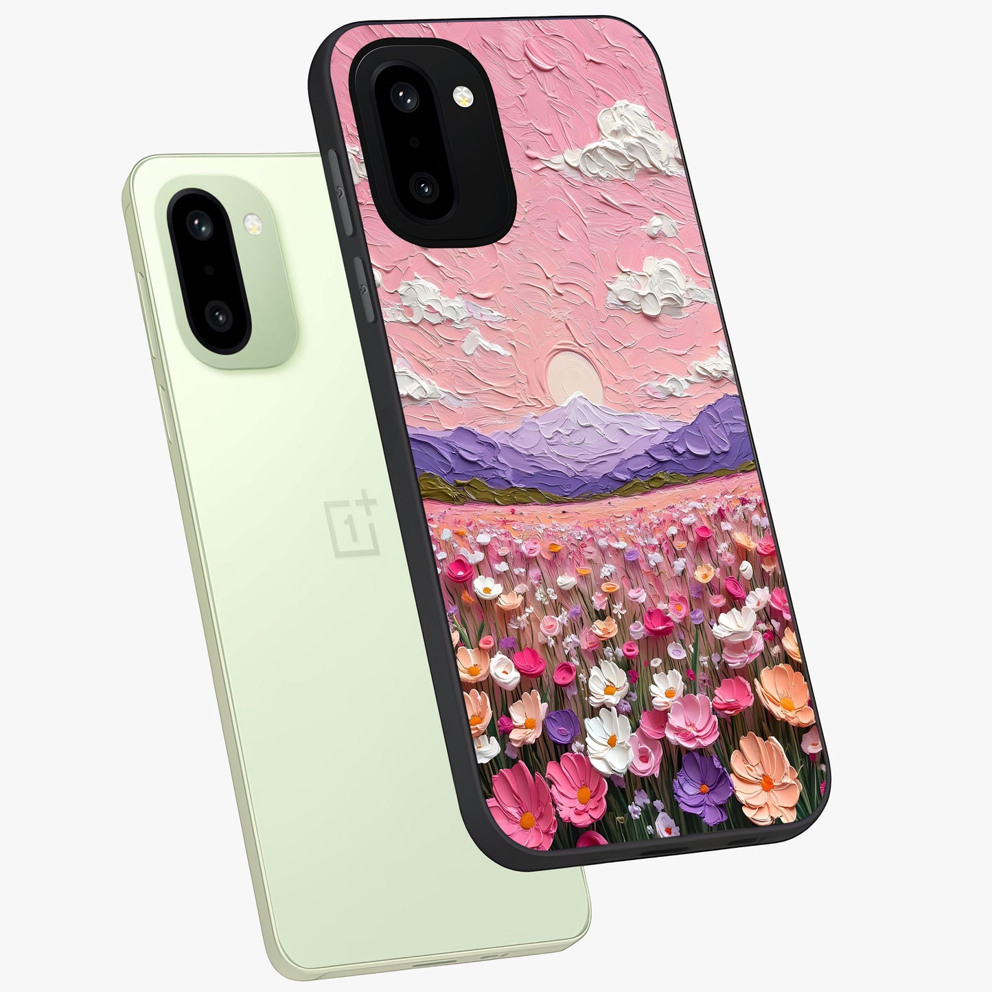 Pink Pastel Groovy Art Glass Case for 1+15R angled mockup showcasing glossy finish and vibrant abstract detailing
