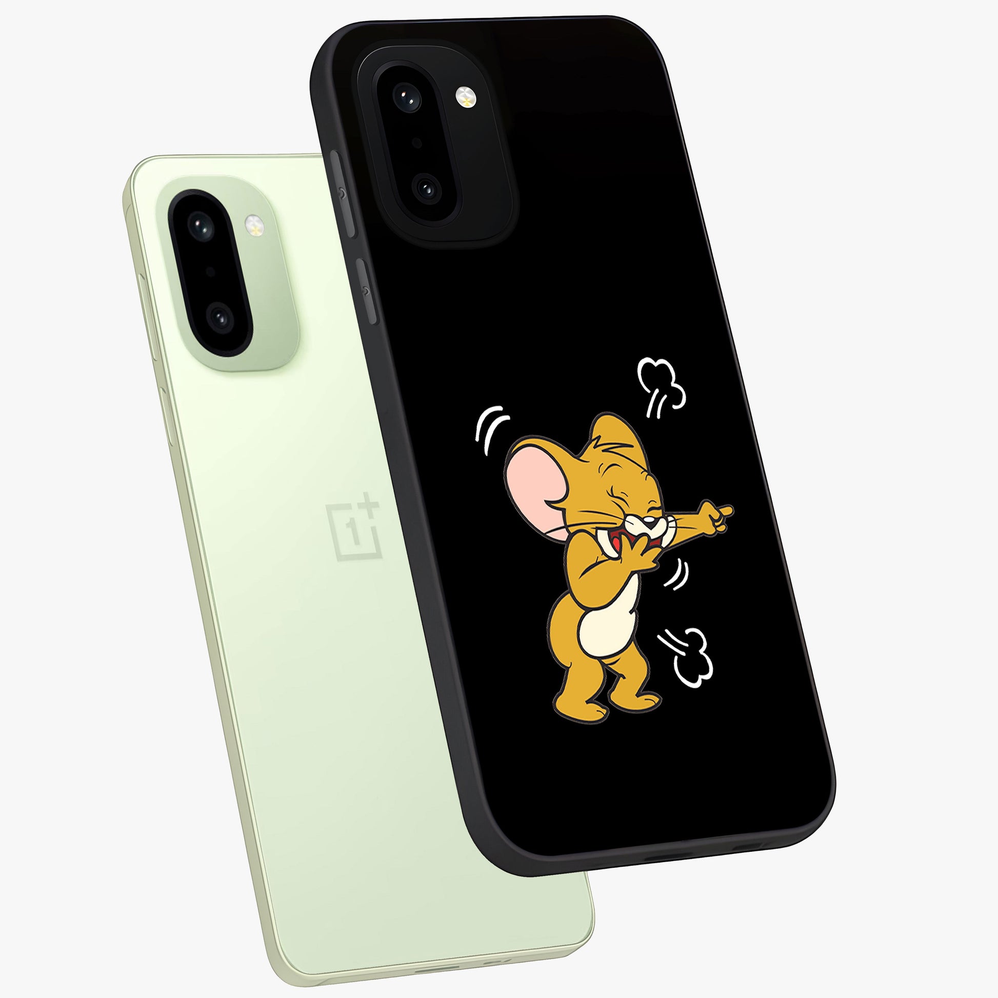 Playful Jerry Vibes Glass Case for 1+15R angled mockup showcasing glossy finish and vibrant character detailing