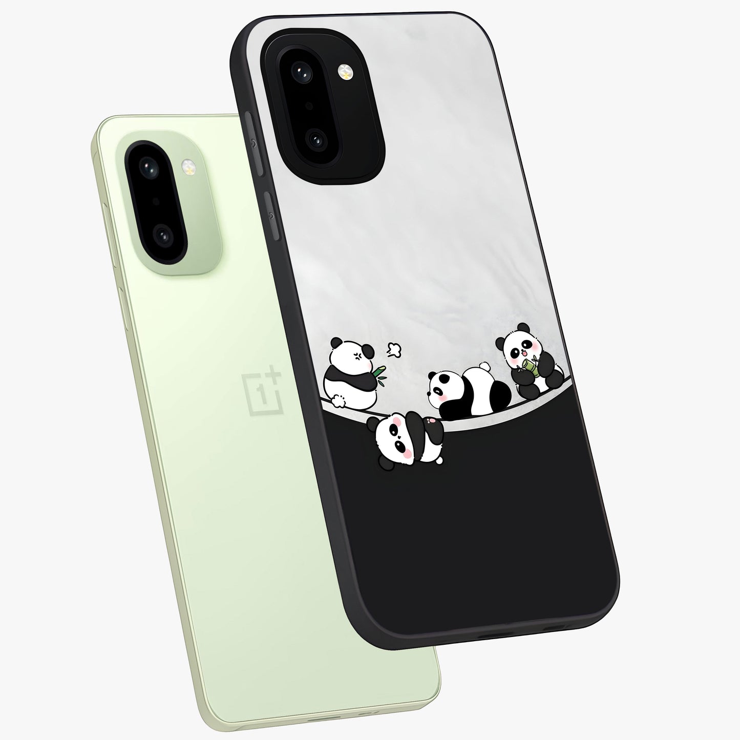 Playful Panda Parade Glass Case for 1+15R angled mockup showcasing glossy finish and soft pastel tones