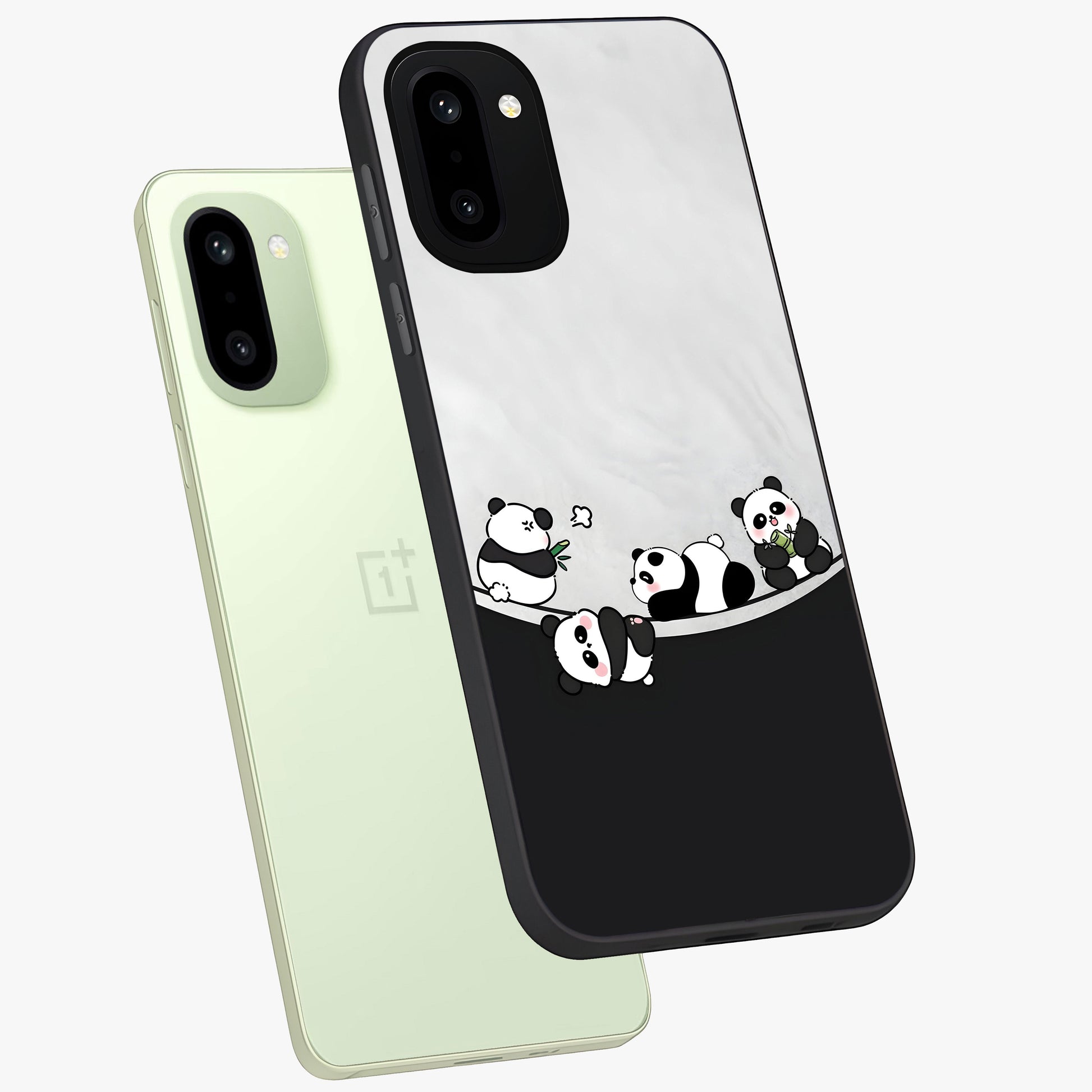 Playful Panda Parade Glass Case for 1+15R angled mockup showcasing glossy finish and soft pastel tones