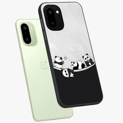 Playful Panda Parade Glass Case for 1+15R angled mockup showcasing glossy finish and soft pastel tones