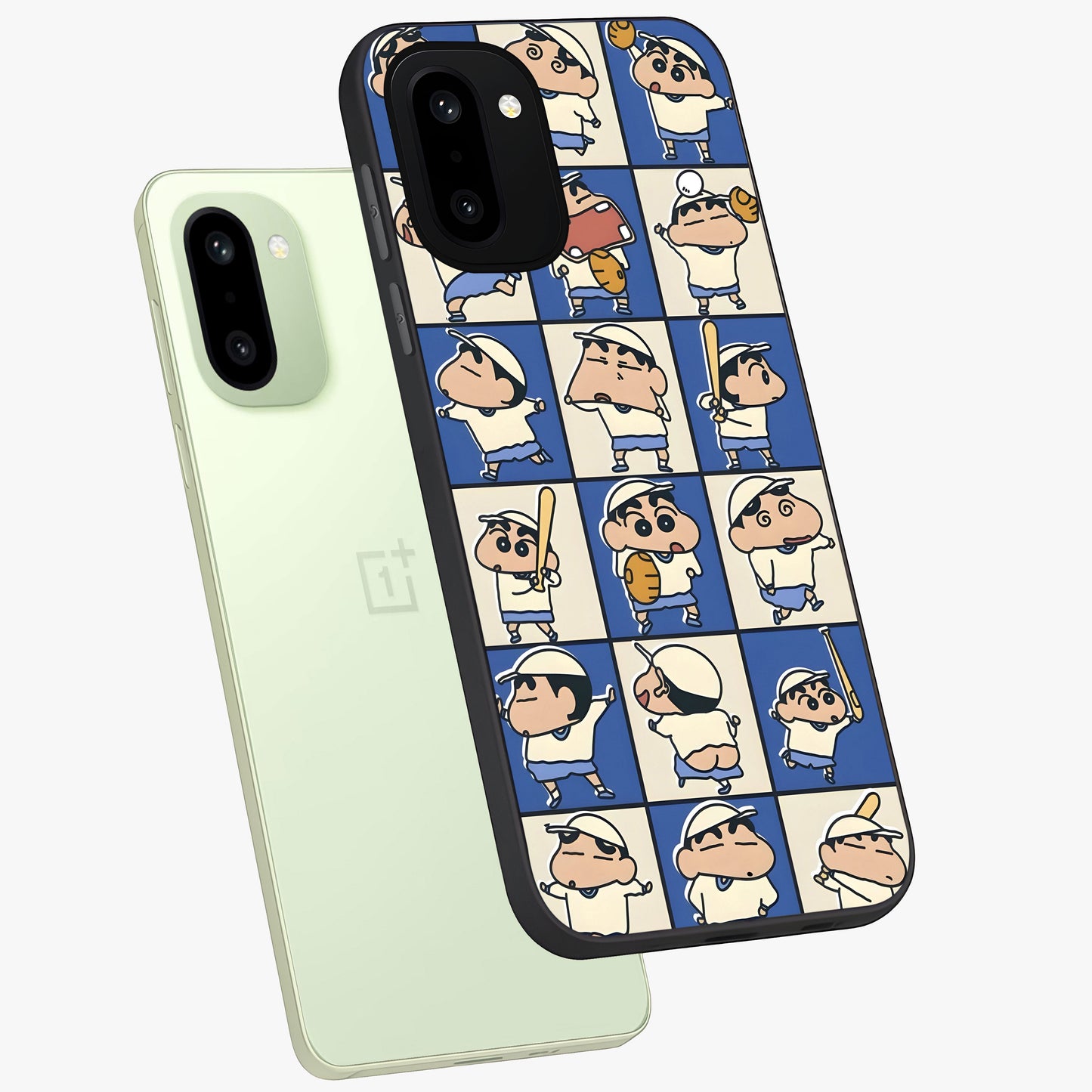 Playful Shin Swing Glass Case for 1+15R angled mockup showcasing glossy finish and vibrant cartoon detailing