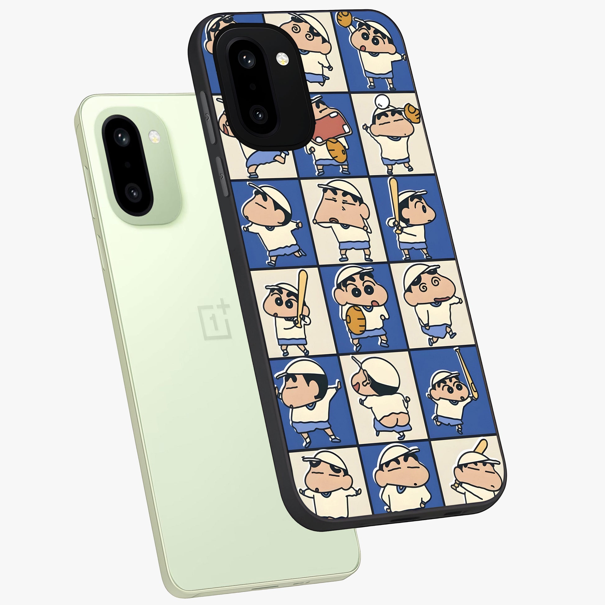 Playful Shin Swing Glass Case for 1+15R angled mockup showcasing glossy finish and vibrant cartoon detailing