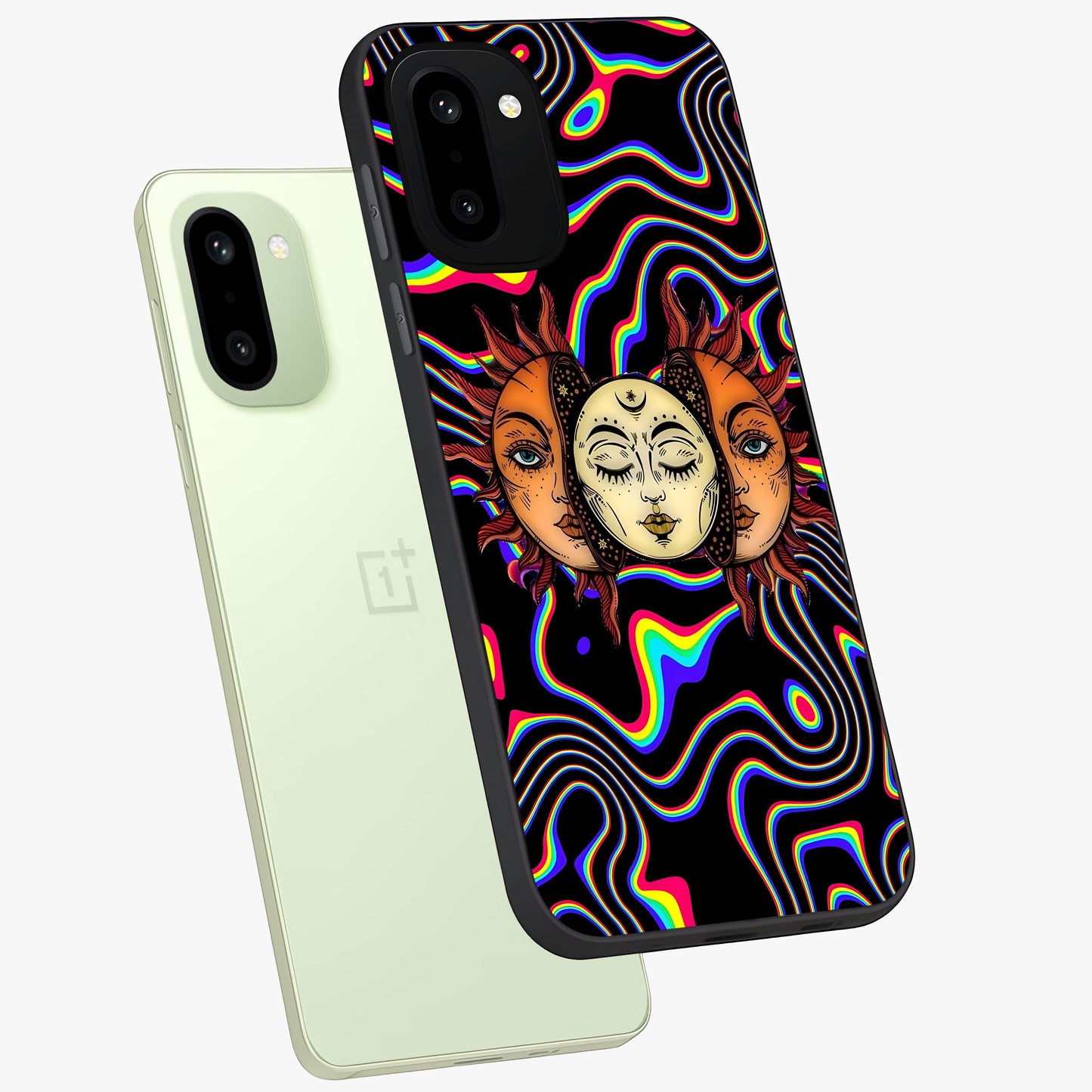 Psychedelic Sun Glass Case for 1+15R angled mockup showcasing glossy finish and bold abstract detailing