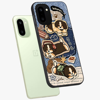 Puppy Sticker Parade Glass Case for 1+15R angled mockup showcasing glossy finish and colorful cartoon detailing