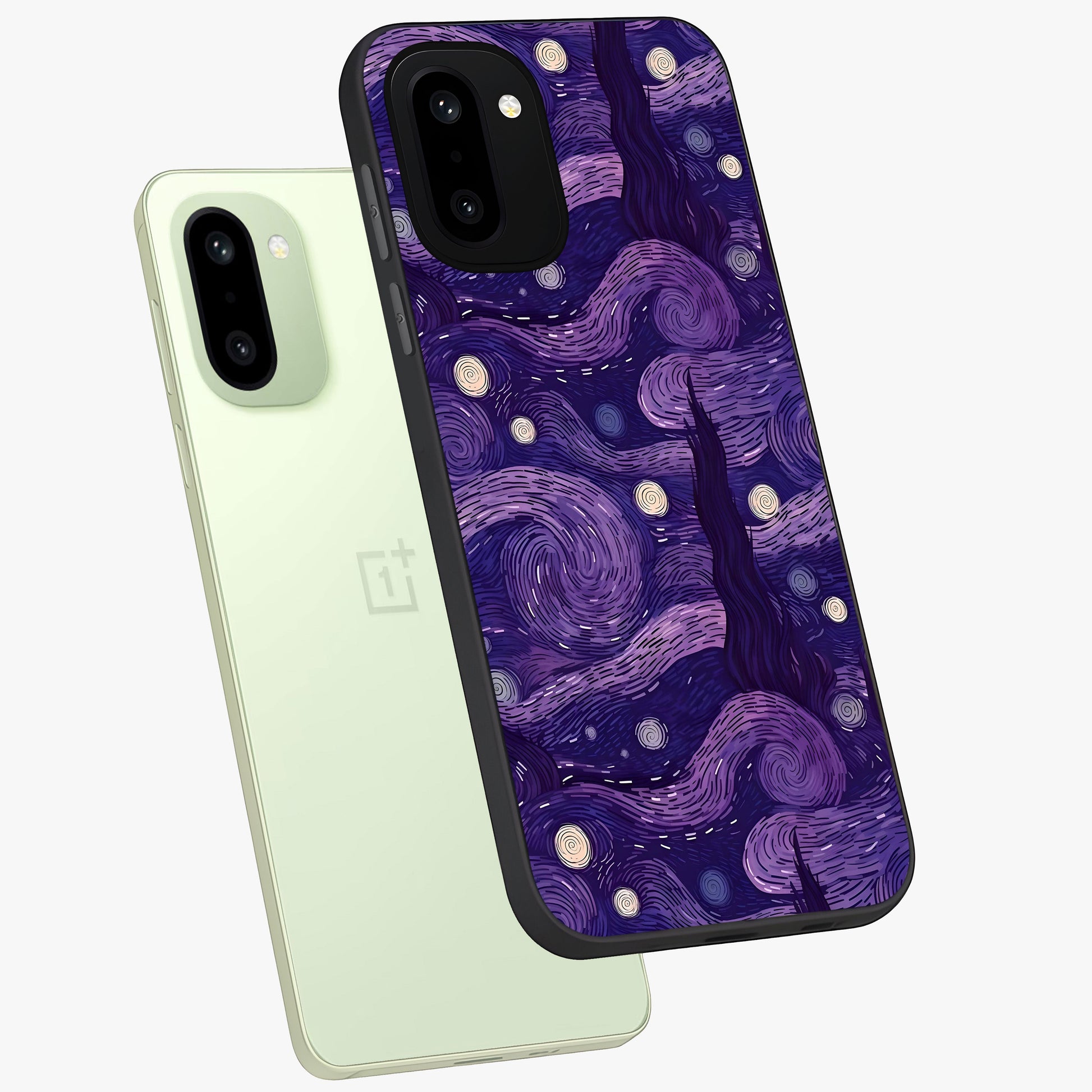 Purple Swirls Glass Case for 1+15R angled mockup showcasing glossy finish and smooth gradient detailing