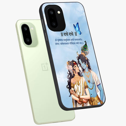 Radha Krishna Eternal Glass Case for 1+15R angled mockup showcasing glossy finish and rich cultural tones