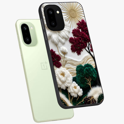 Radiant Bloom Elegance Glass Case for 1+15R angled mockup showcasing glossy finish and refined bloom detailing