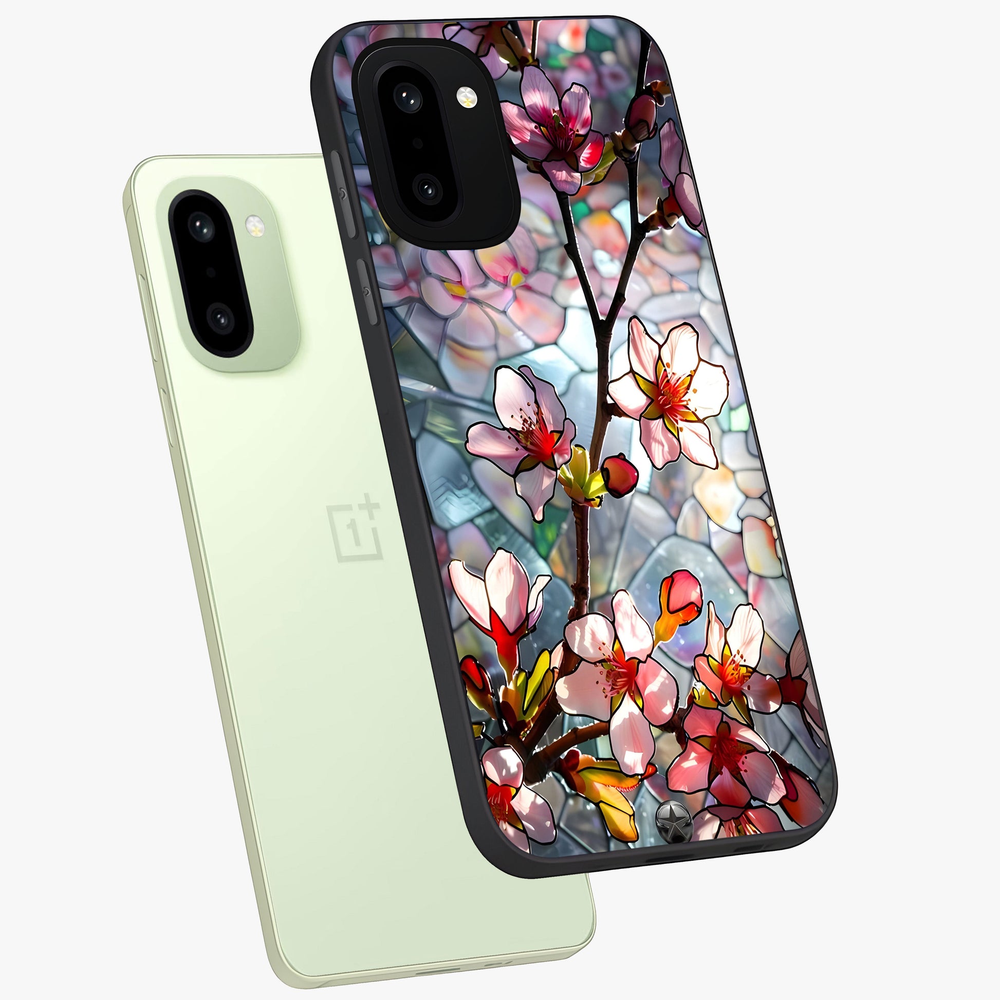 Radiant Bloom Glow Glass Case for 1+15R angled mockup showcasing glossy finish and luminous detailing