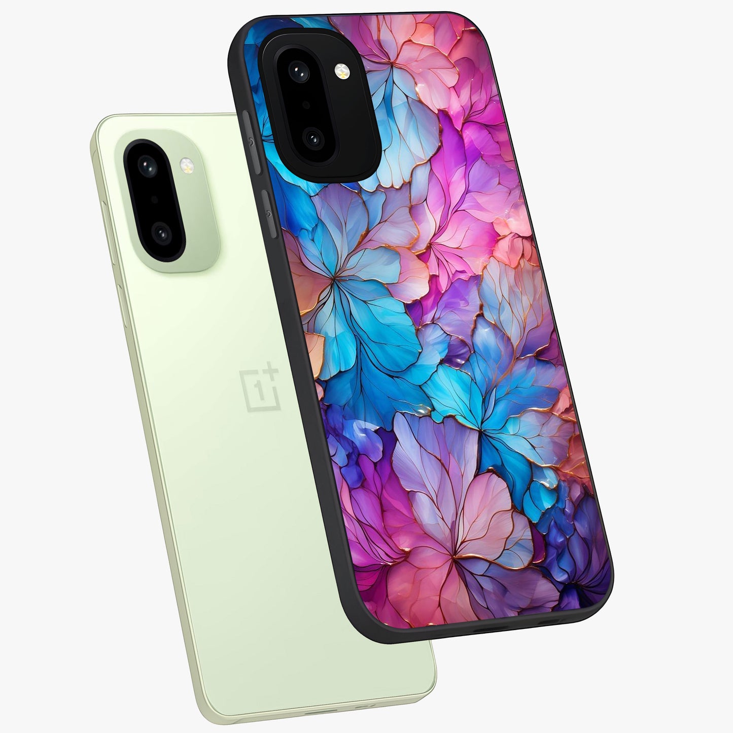 Radiant Floral Whirl Glass Case for 1+15R angled mockup showcasing glossy finish and dynamic bloom tones
