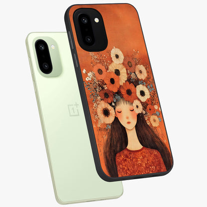 Radiant Flower Thoughts Glass Case for 1+15R angled mockup showcasing glossy finish and pastel bloom detailing
