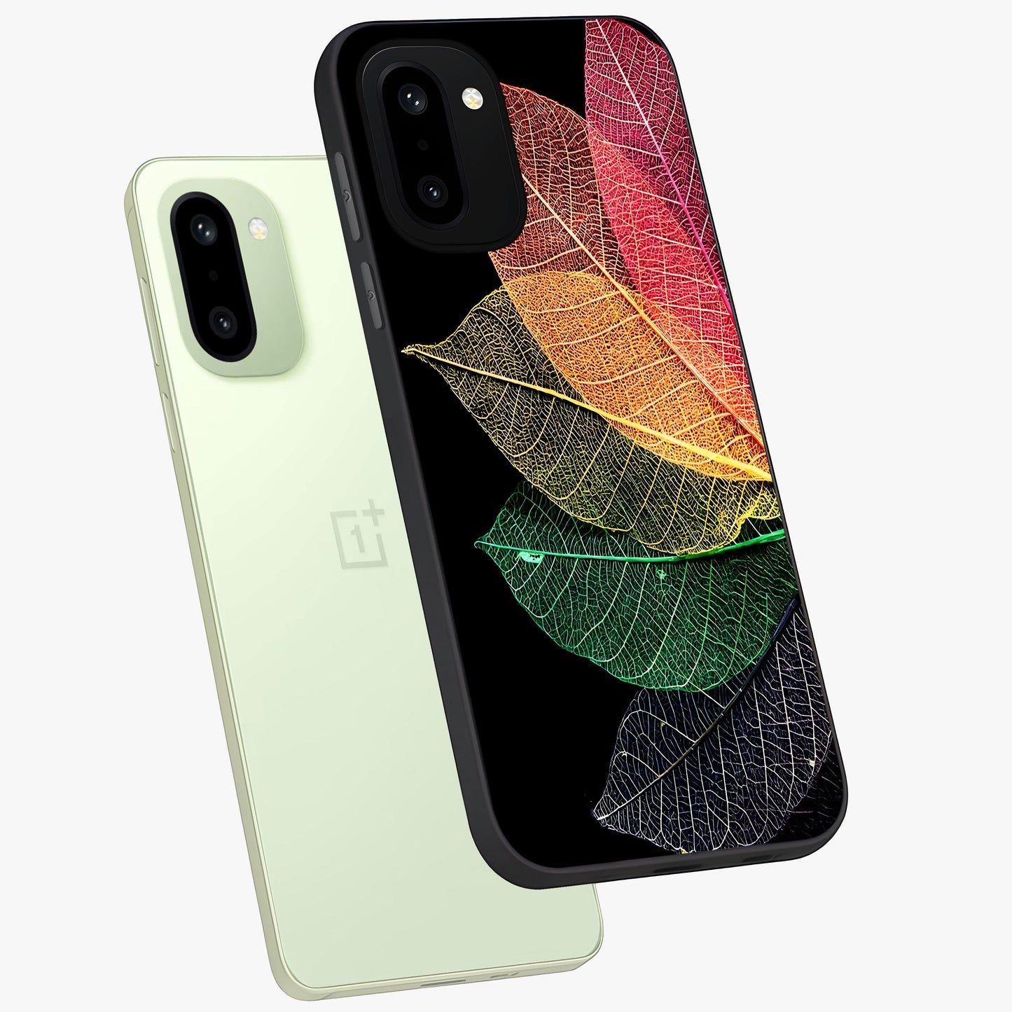 Rainbow Leaf Glow Glass Case for 1+15R angled mockup showcasing glossy finish and radiant gradient tones