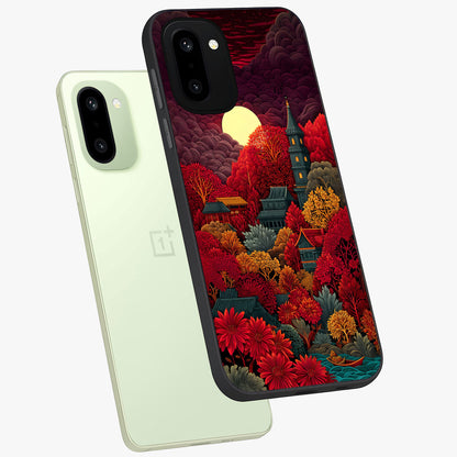 Red Scenery Hot Glass Case for 1+15R angled mockup showcasing glossy finish and intense sunset tones