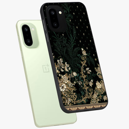 Regal Botanical Tapestry Glass Case for 1+15R angled mockup showcasing glossy finish and rich heritage tones