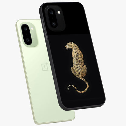 Regal Leopard Glass Case for 1+15R angled mockup showcasing glossy glass finish and detailed animal textures