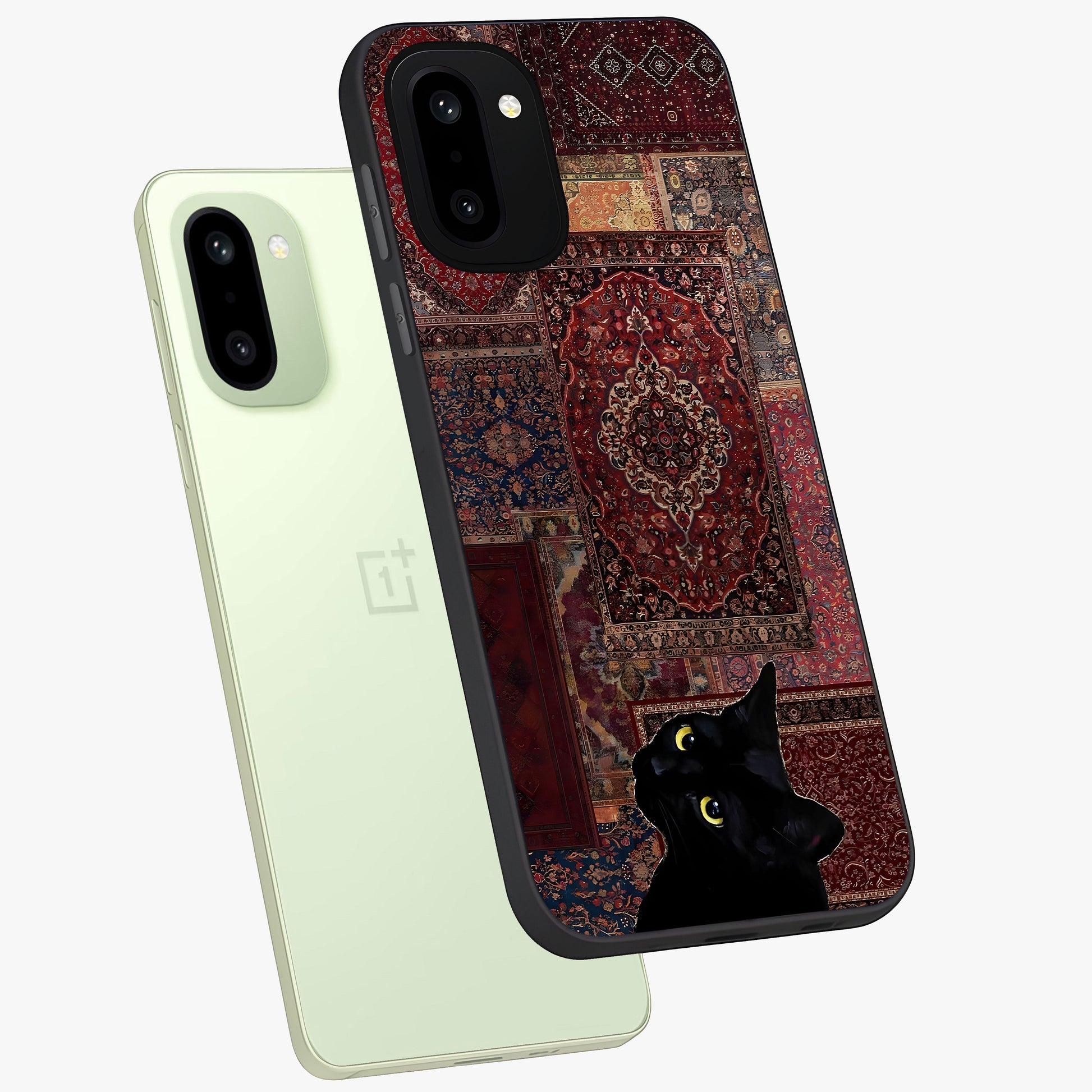 Regal Magic Cat Apple Glass Case for 1+15R angled mockup showcasing glossy finish and vibrant illustration detailing