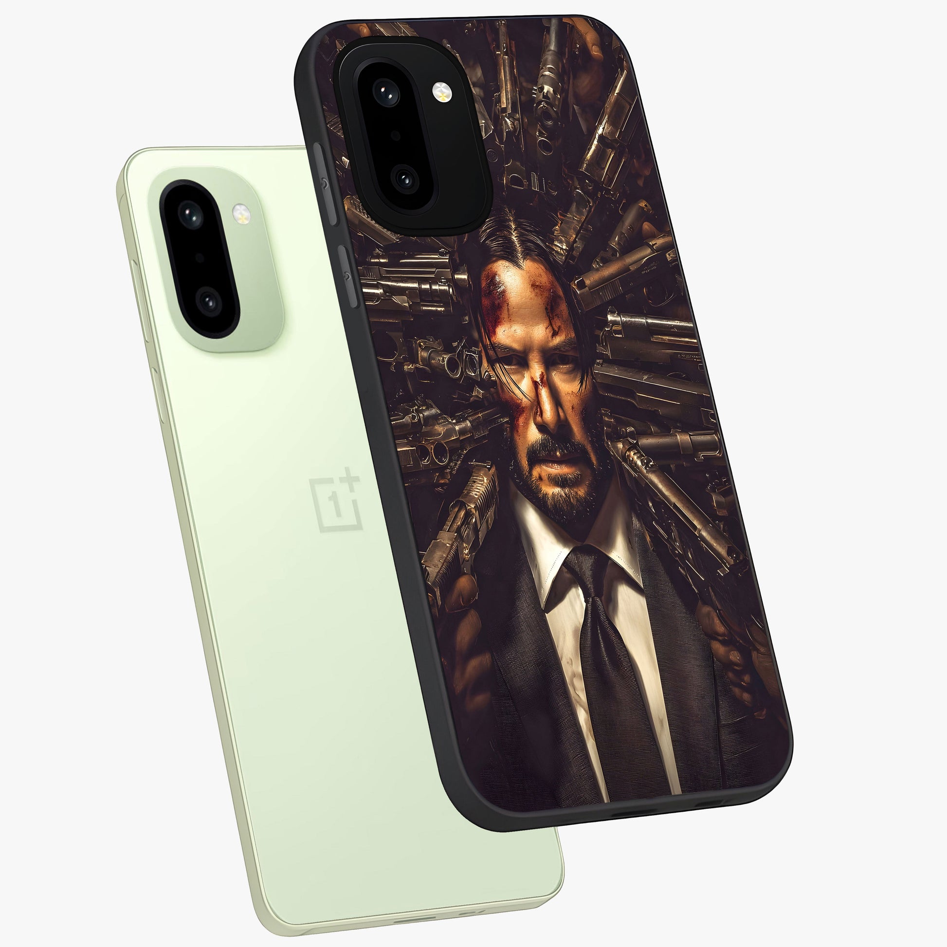 Relentless Shadow Assassin Glass Case for 1+15R angled mockup showcasing glossy finish and dramatic shadow detailing