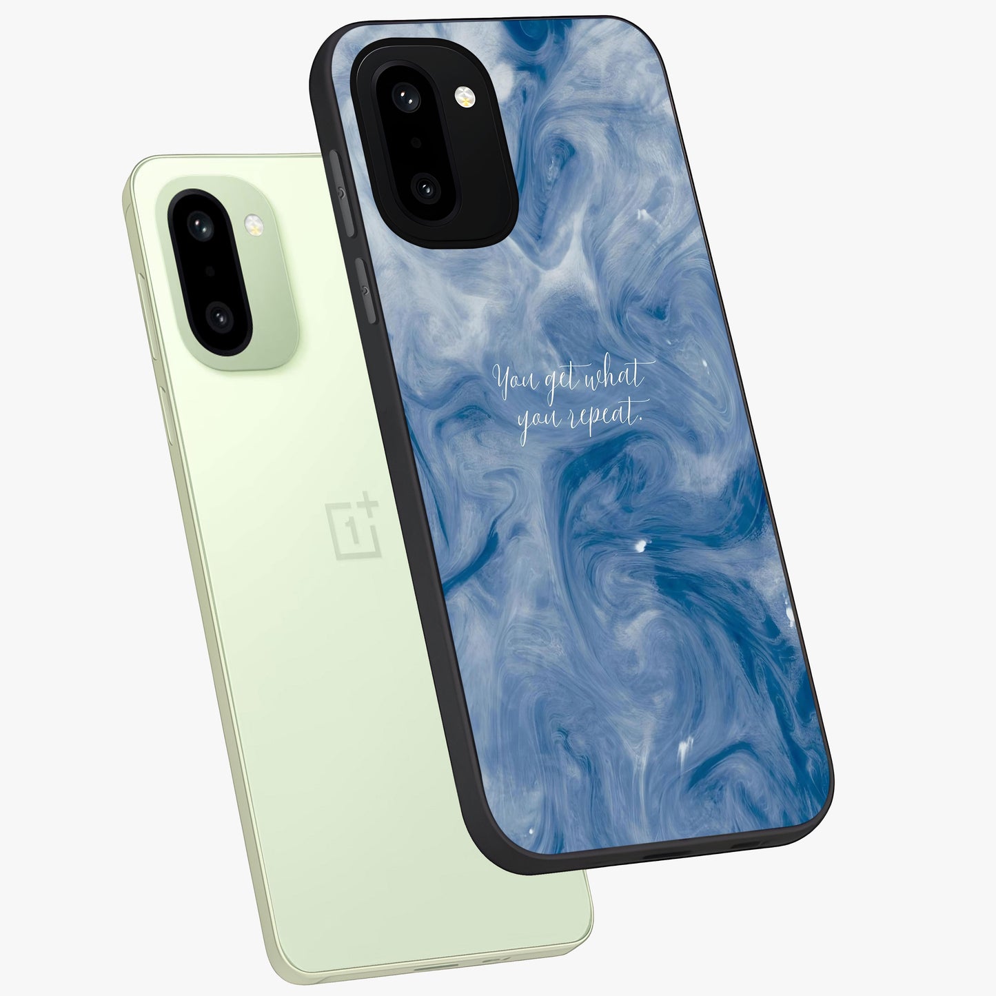 Repeat Your Destiny Glass Case for 1+15R angled mockup showcasing glossy finish and clean modern detailing