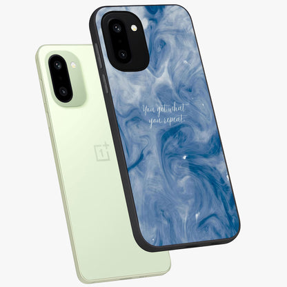 Repeat Your Destiny Glass Case for 1+15R angled mockup showcasing glossy finish and clean modern detailing