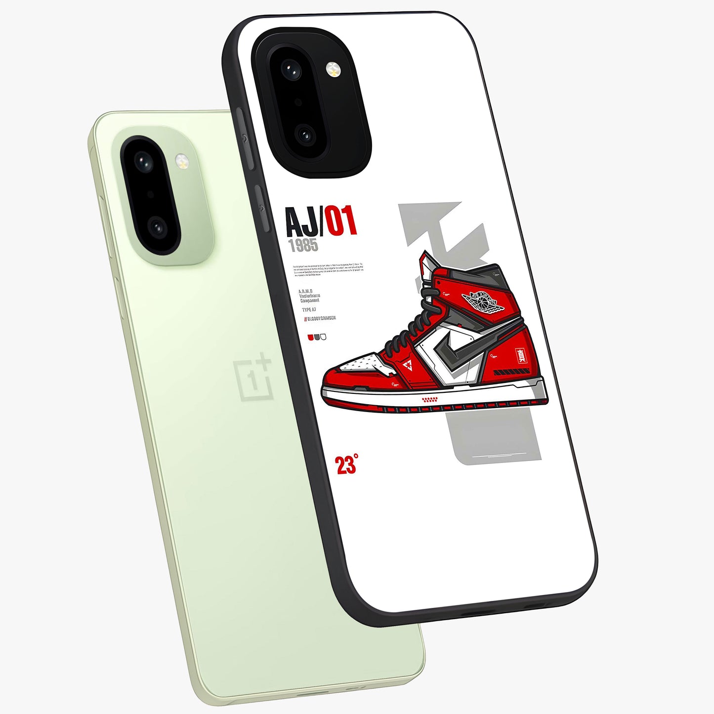 Retro Sneaker Blueprint Glass Case for 1+15R angled mockup showcasing glossy finish and sporty retro detailing