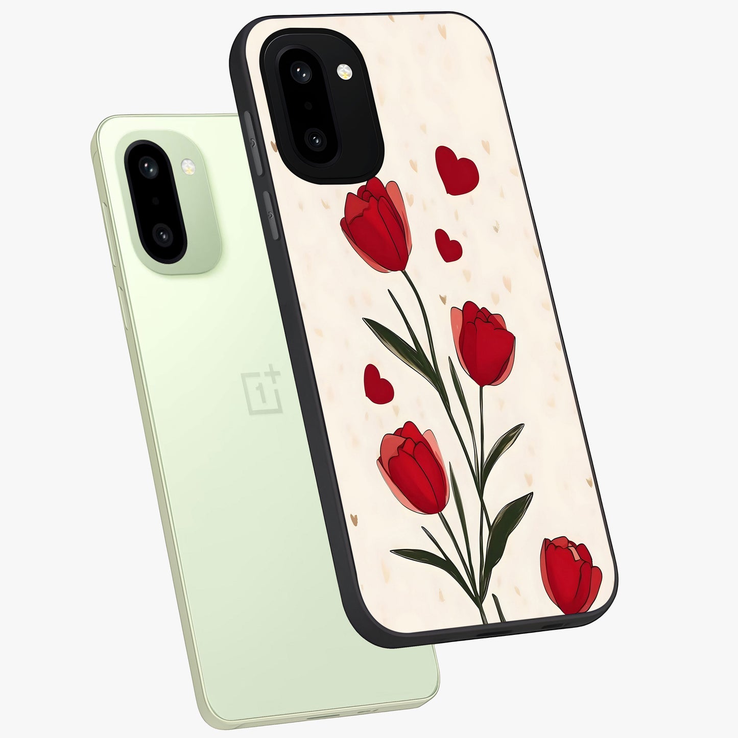 Romantic Tulip Hearts Glass Case for 1+15R angled mockup showcasing glossy glass finish and soft romantic tones