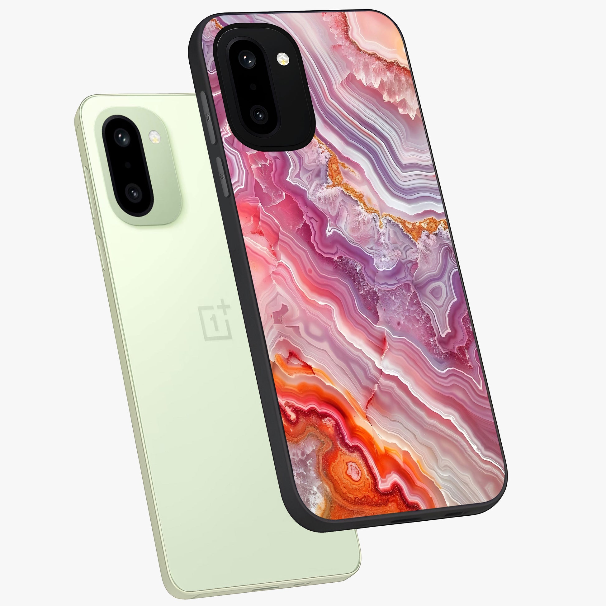 Rose Quartz Marble Glass Case for 1+15R angled mockup showcasing glossy finish and smooth quartz detailing