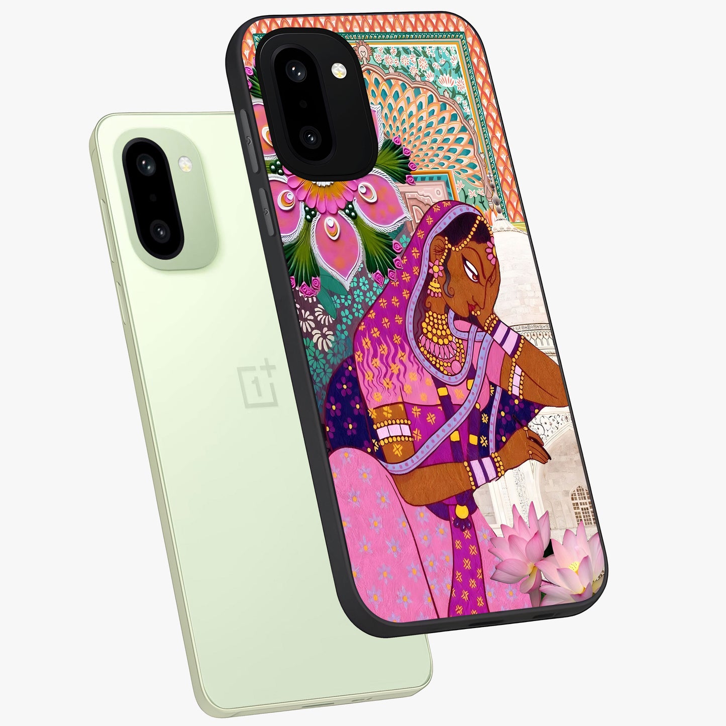 Royal Lotus Muse Glass Case for 1+15R angled mockup showcasing glossy finish and refined floral tones
