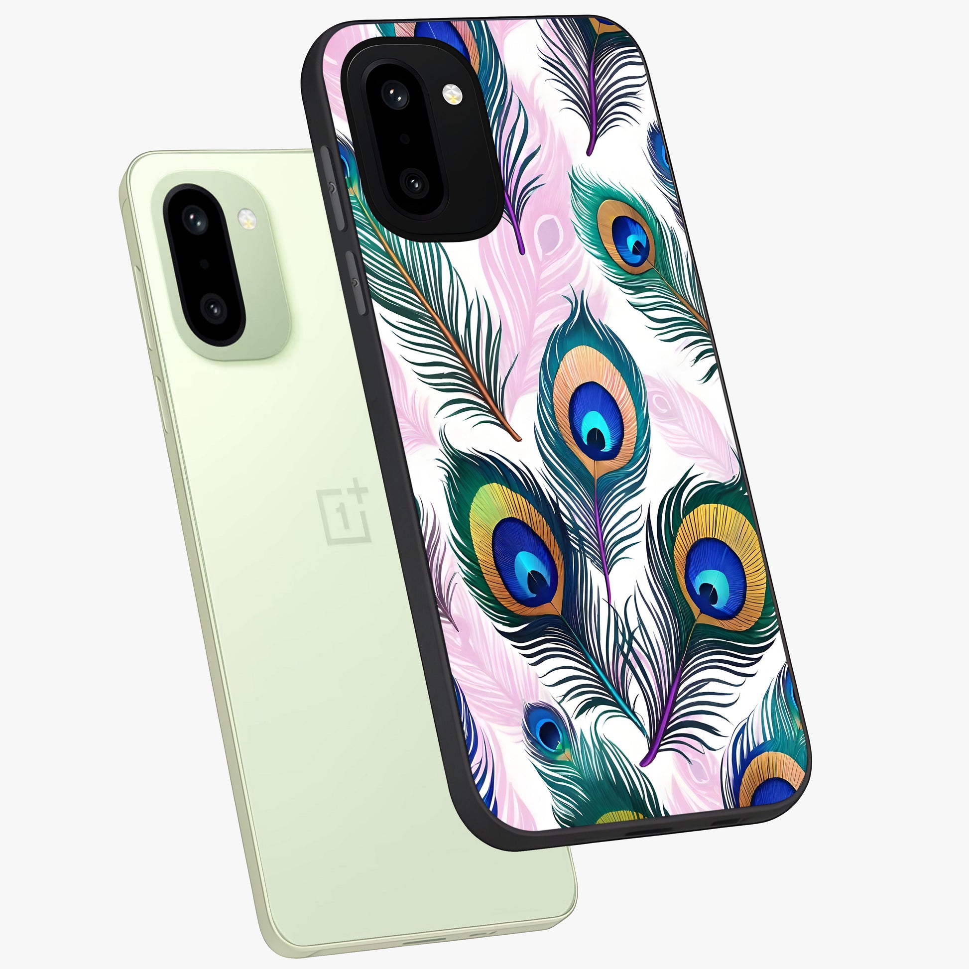Royal Peacock Feathers Glass Case for 1+15R angled mockup showcasing glossy finish and rich blue green tones