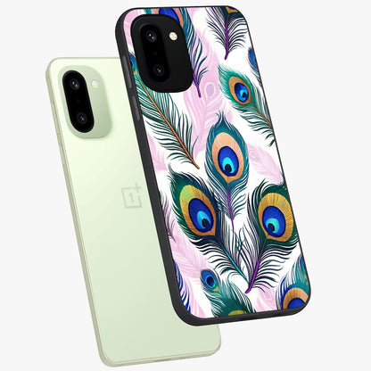 Royal Peacock Feathers Glass Case for 1+15R angled mockup showcasing glossy finish and rich blue green tones