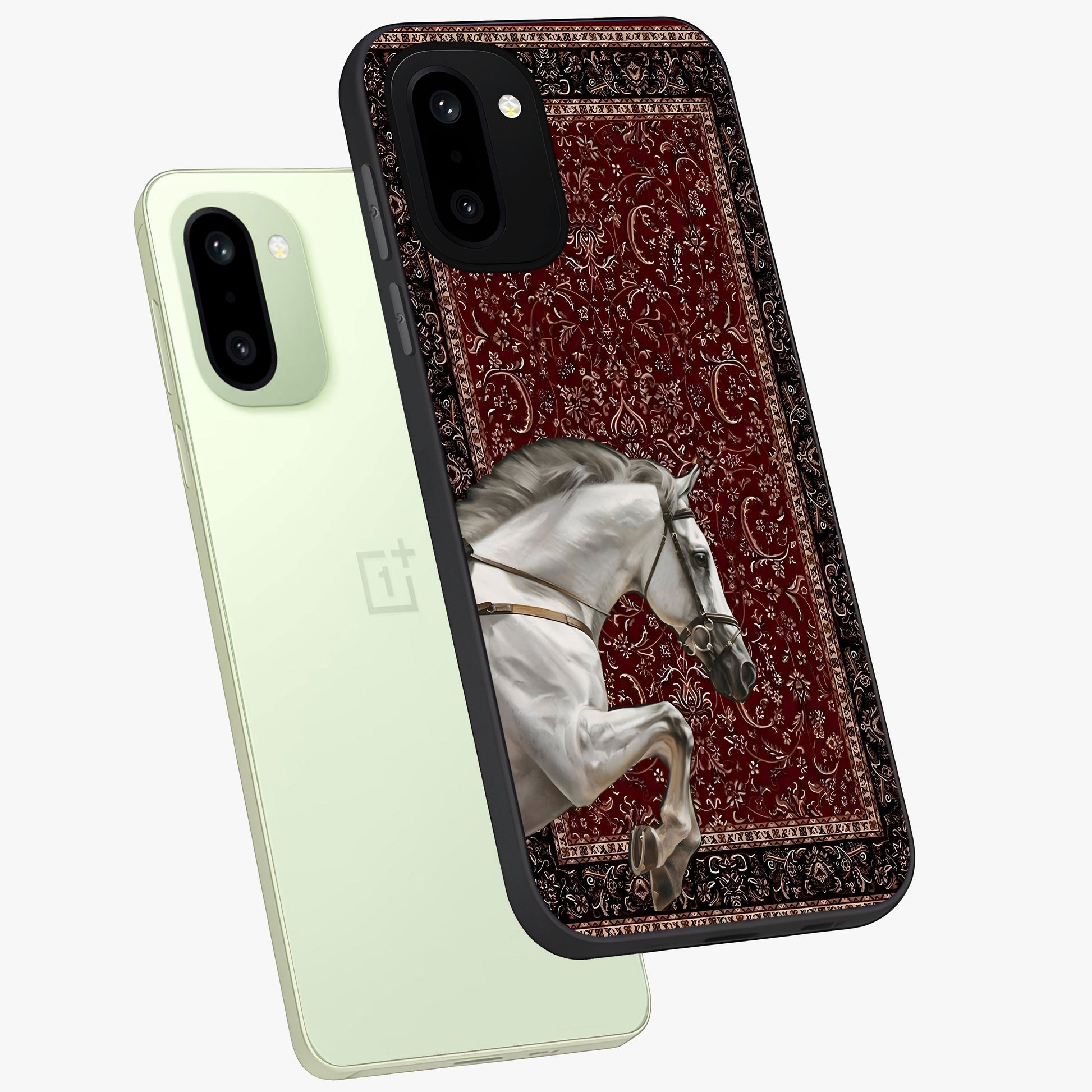 Royal Rider Tapestry Glass Case for 1+15R angled mockup showcasing glossy finish and heritage inspired detailing