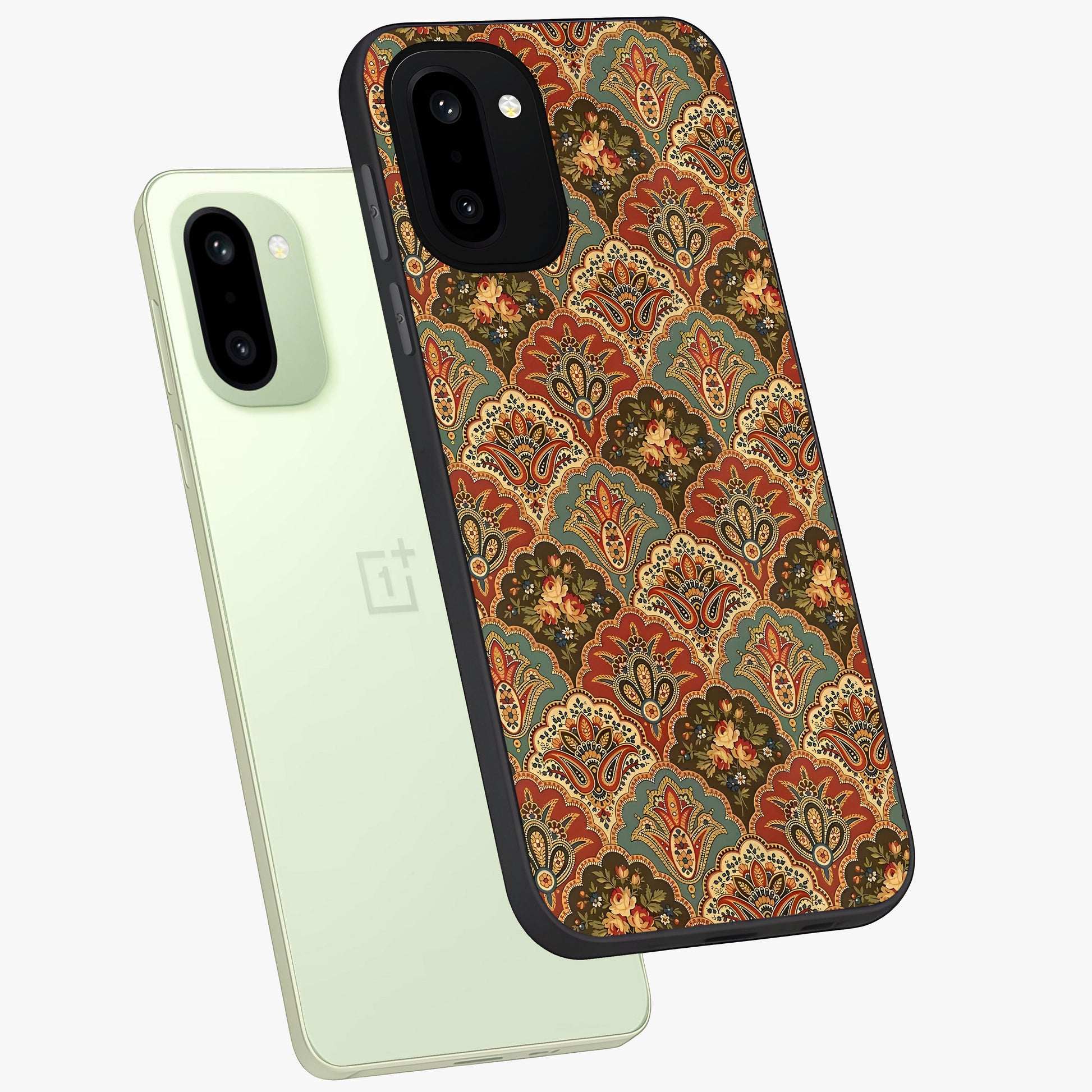 Royal Threadwork Glass Case for 1+15R angled mockup showcasing glossy finish and rich decorative tones