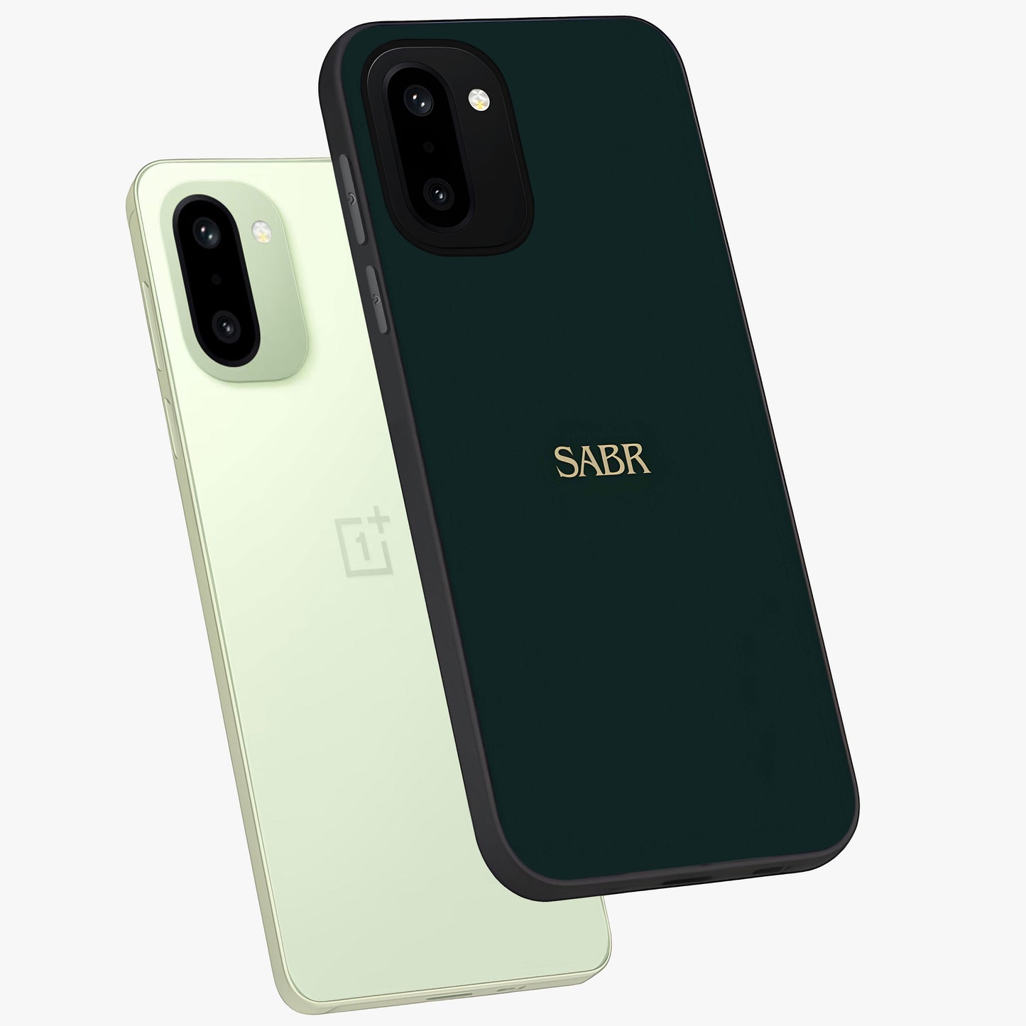 Sabr Minimal Patience Glass Case for 1+15R angled mockup showcasing glossy finish and subtle modern tones