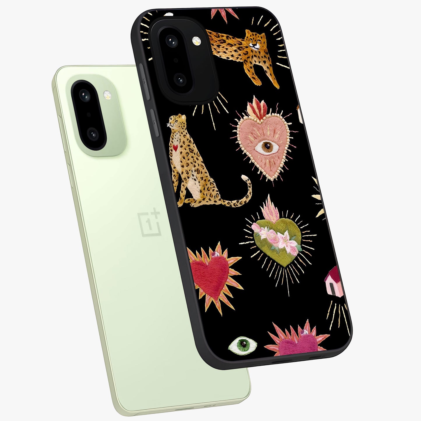 Sacred Jungle Heart Glass Case for 1+15R angled mockup showcasing glossy finish and rich green tones