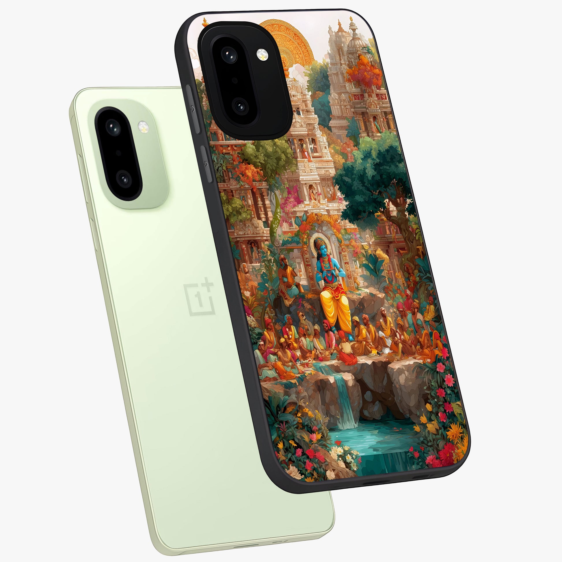Sacred Sunlight Gods Glass Case for 1+15R angled mockup showcasing glossy finish and radiant warm tones