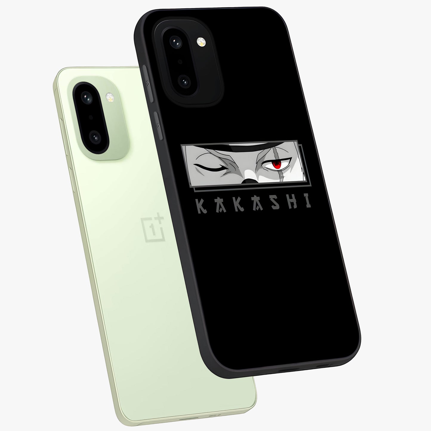 Scarlet Ninja Gaze Glass Case for 1+15R angled mockup showcasing glossy finish and sharp warrior detailing