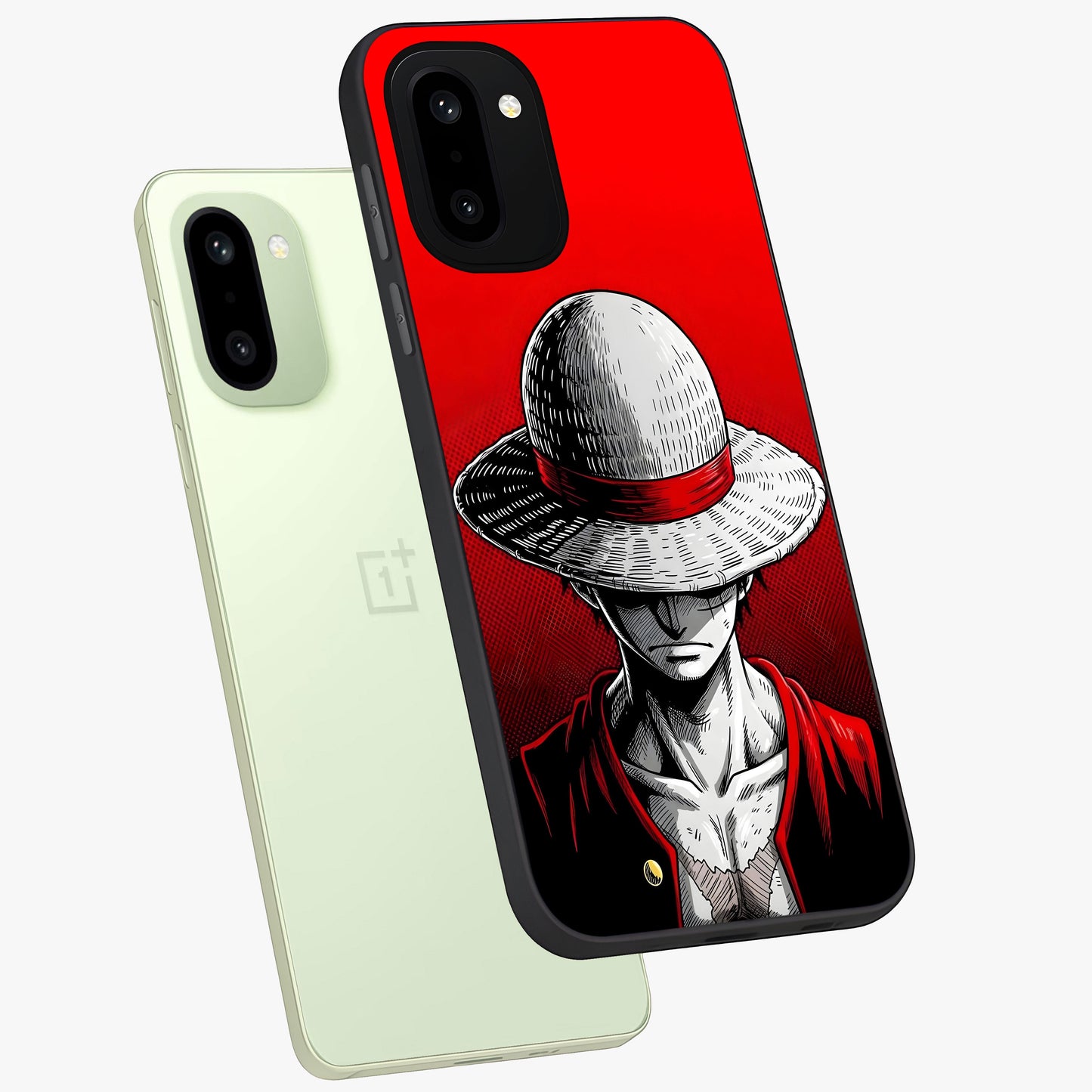 Scarlet Pirate Resolve Glass Case for 1+15R angled mockup showcasing glossy finish and dramatic adventurous tones
