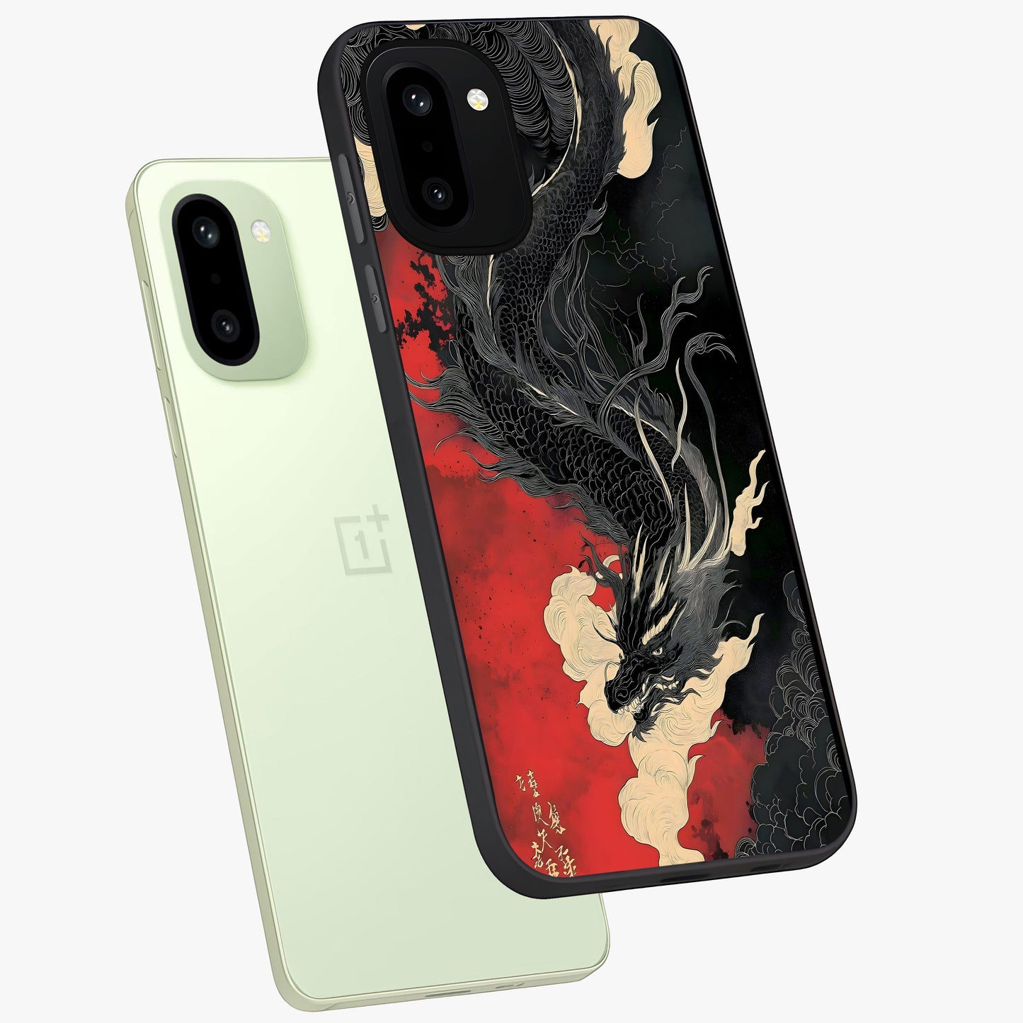 Shadow Dragon Fury Glass Case for 1+15R angled mockup showcasing glossy finish and powerful fantasy detailing