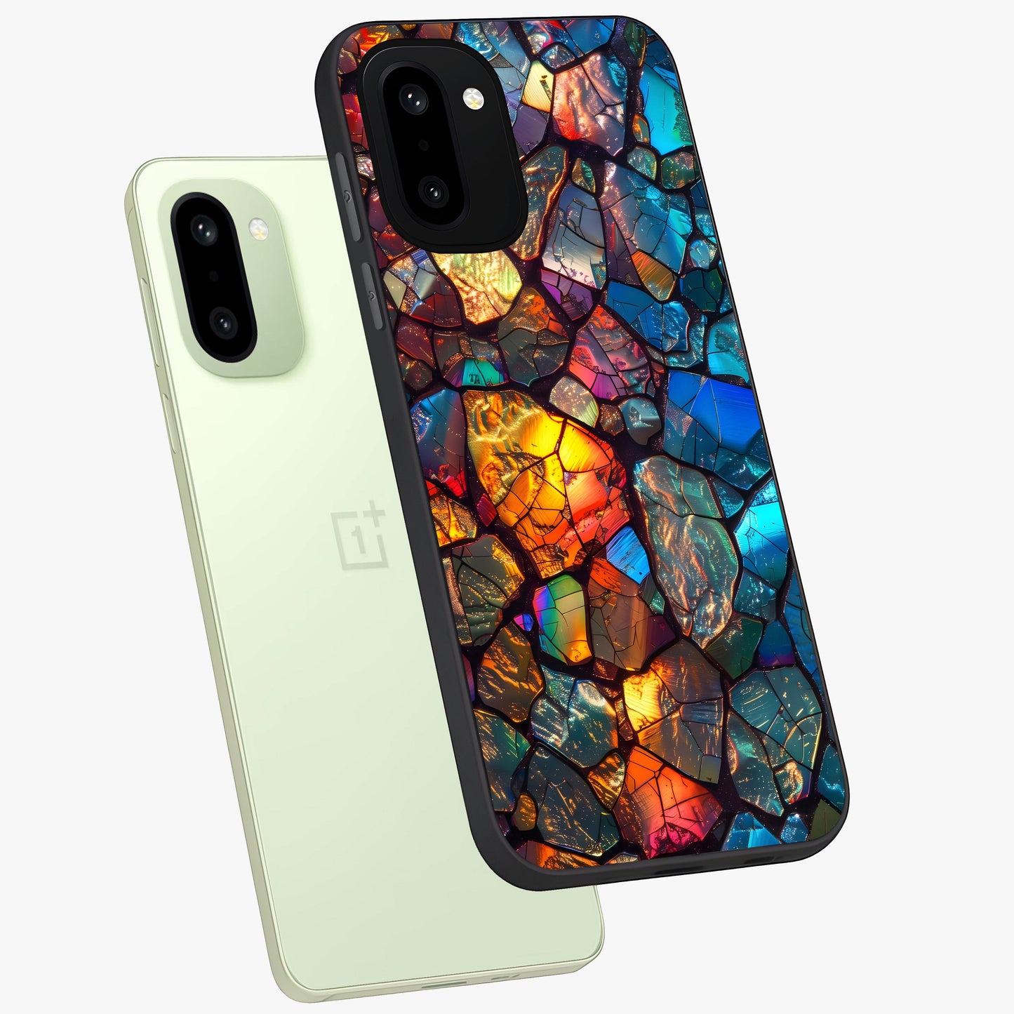 Shattered Light Glass Case for 1+15R angled mockup showcasing glossy finish and high contrast detailing