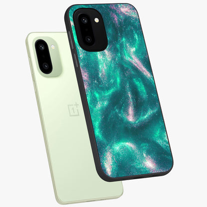 Shimmering Nebula Waves Glass Case for 1+15R angled mockup showcasing glossy finish and deep space gradients
