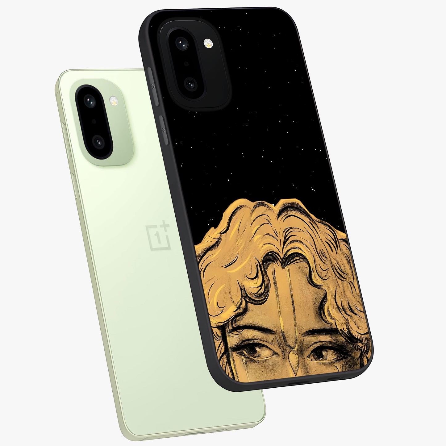 Shri Krishna Art Glass Case for 1+15R angled mockup showcasing glossy finish and vibrant spiritual tones