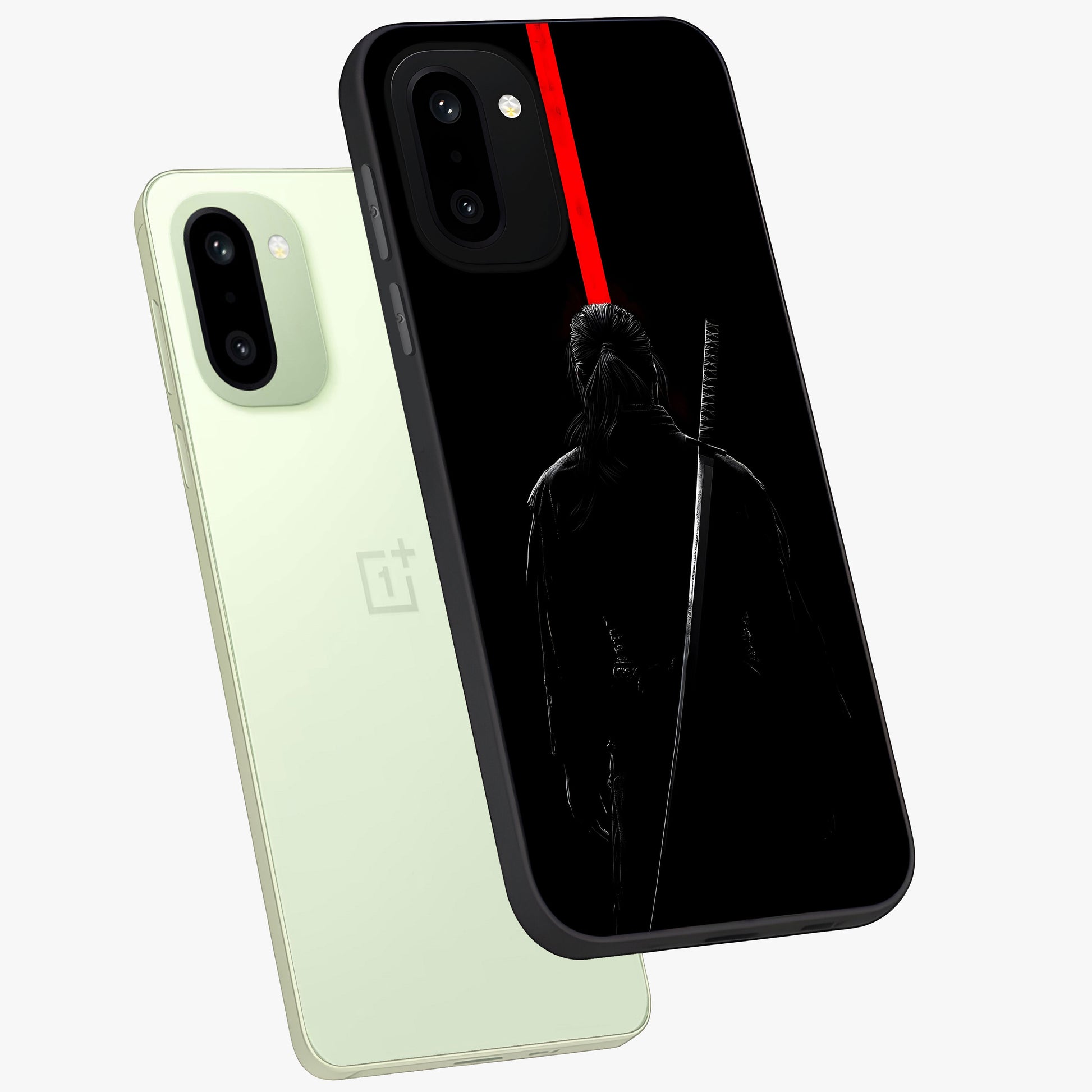Silent Blade Resolve Glass Case for 1+15R angled mockup showcasing glossy finish and dramatic shadow detailing