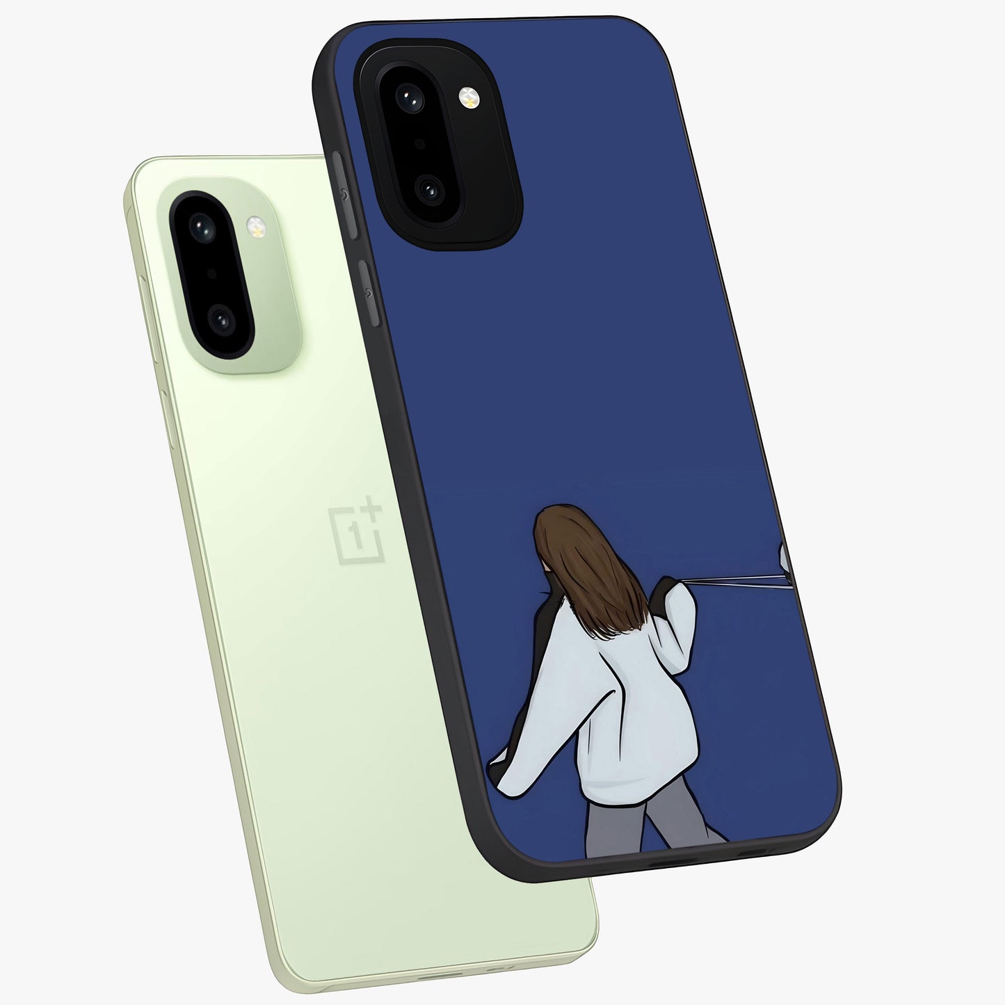 Silent Distance Love Glass Case for 1+15R angled mockup showcasing glossy glass finish and subtle aesthetic detailing