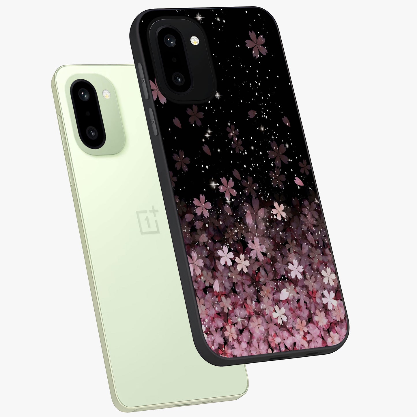 Small Starry Flowers Glass Case for 1+15R angled mockup showcasing glossy finish and soft pastel tones