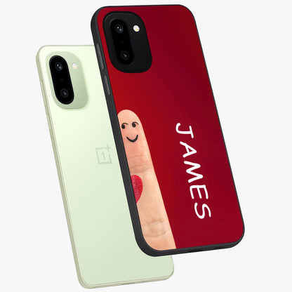 Smiling Heart Bond Glass Case for 1+15R angled mockup showcasing glossy finish and cheerful detailing