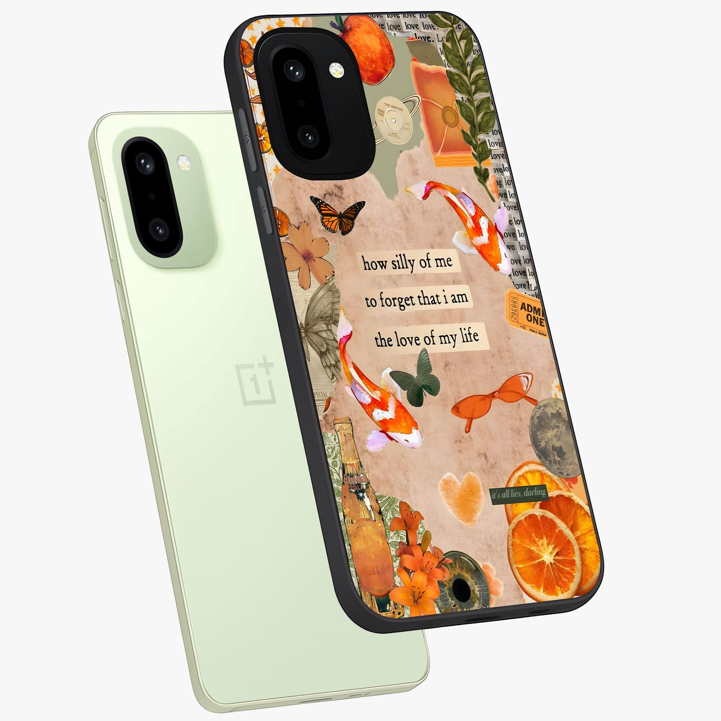 Soft Chaos Aesthetic Glass Case for 1+15R angled mockup showcasing glossy glass finish and blended gradient detailing